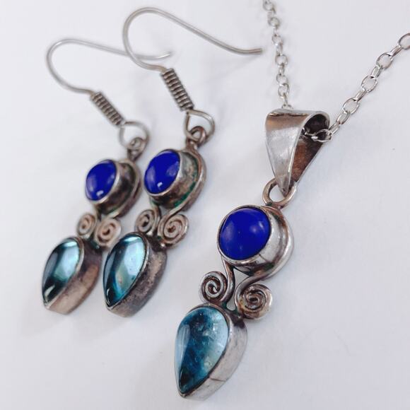 VTG Sterling Silver Pendant Necklace & Earrings Set, Topaz & Glass Stones, Y2K - Picture 2 of 12